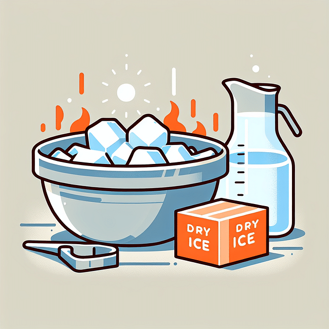 dry ice block next to a large metal bowl and a jug of warm water