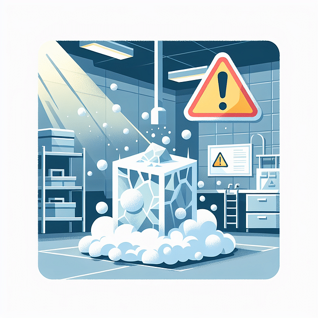 dry ice sublimating in a ventilated area with a warning sign for safety