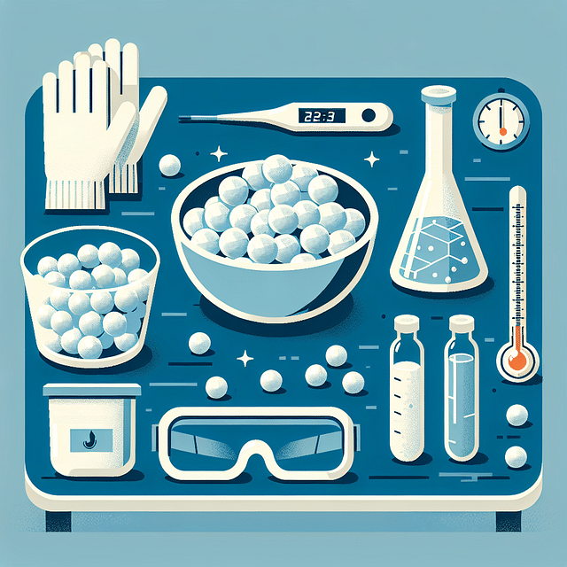 a collection of dry ice pellets, insulated gloves, a large bowl, a thermometer, water, and safety goggles laid out on a table