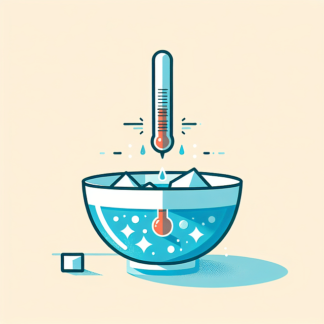 a thermometer in a bowl of water with dry ice, showing the temperature dropping