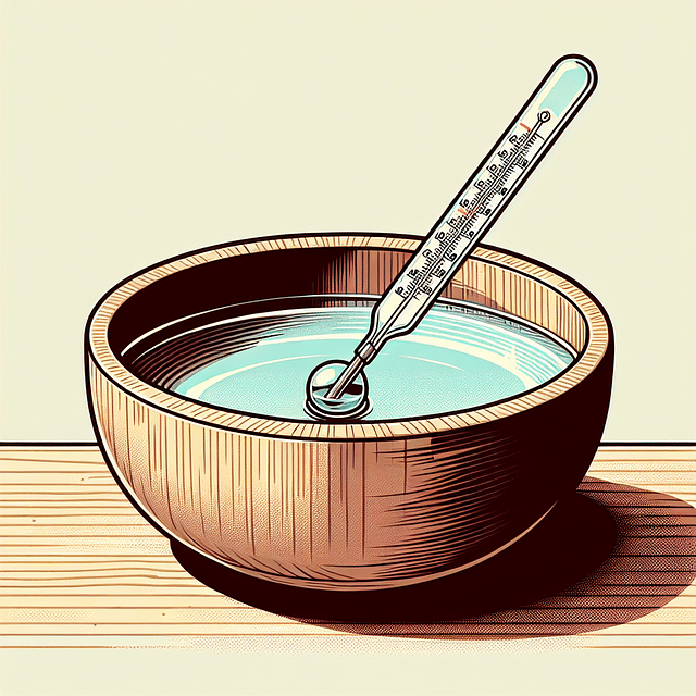 a large bowl filled with water and a thermometer displaying the temperature