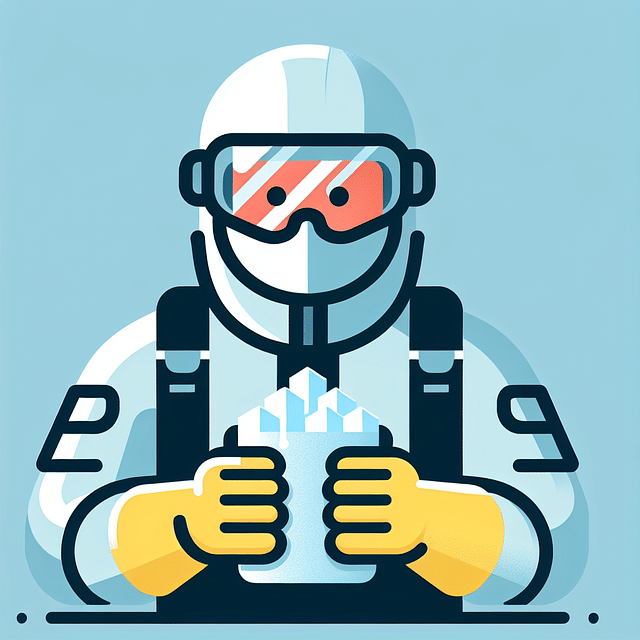 a person wearing safety goggles and insulated gloves ready to handle dry ice