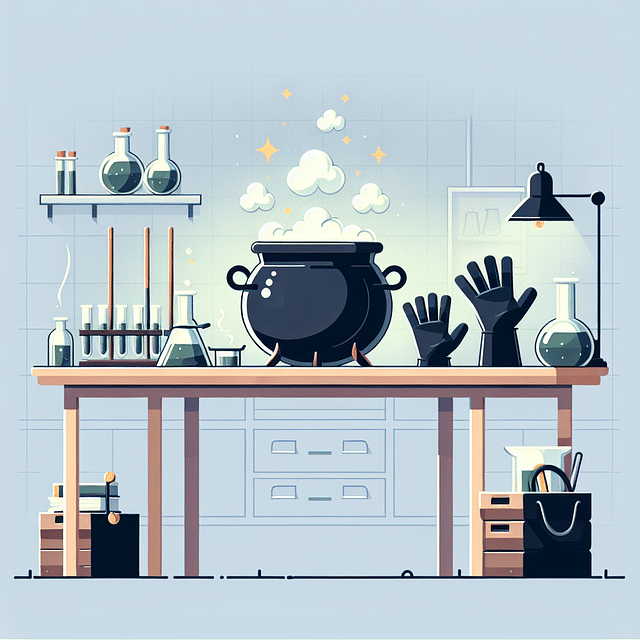 a table with a cauldron, protective gloves, goggles, and dry ice