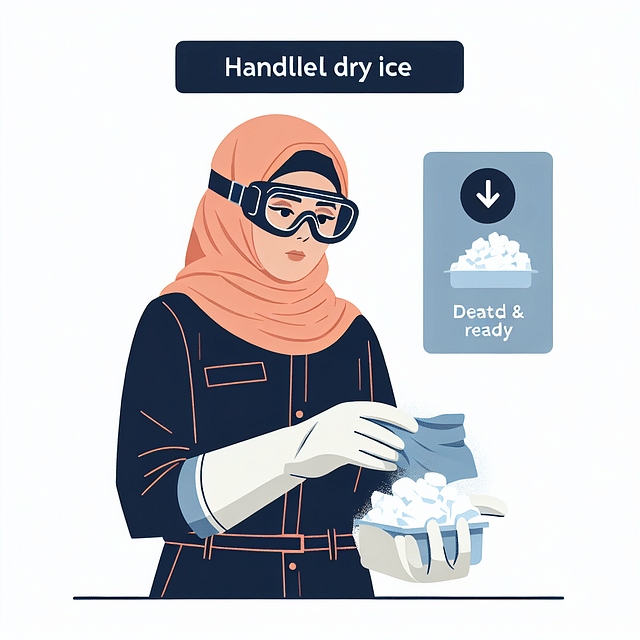 person wearing safety gloves and goggles ready to handle dry ice
