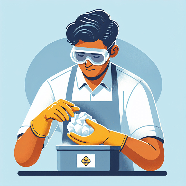 person wearing safety goggles and gloves for handling dry ice