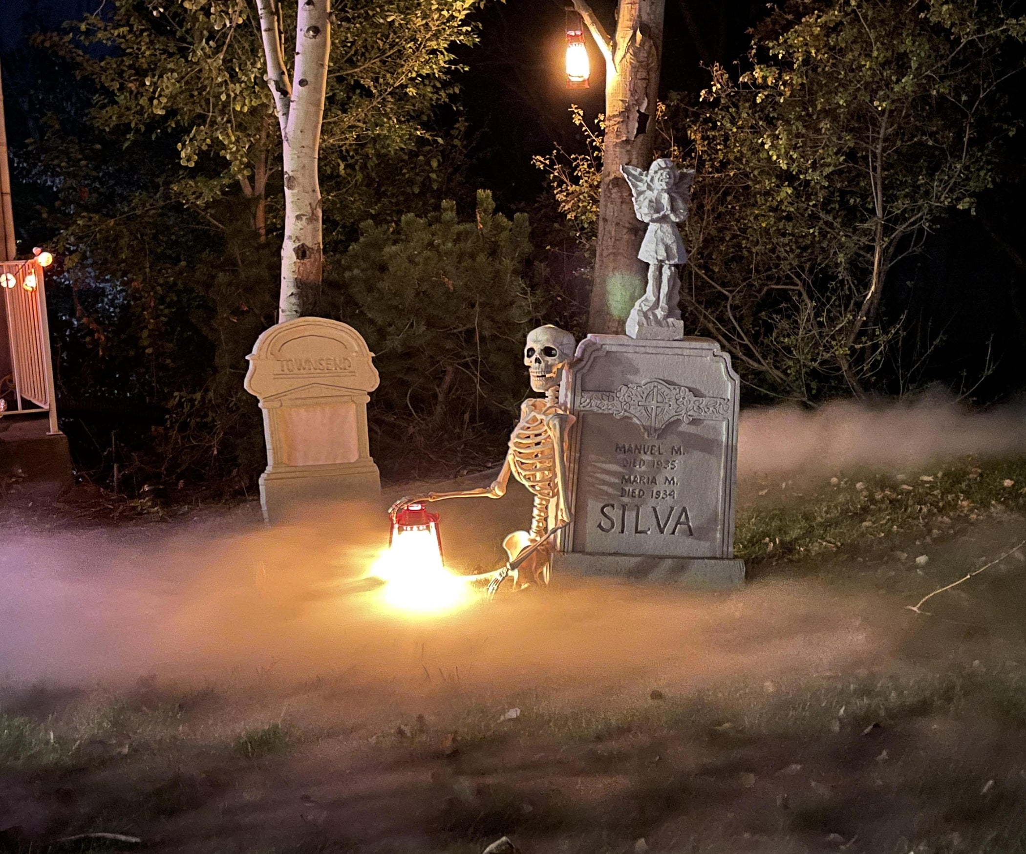 Theatrical graveyard scene with dry ice