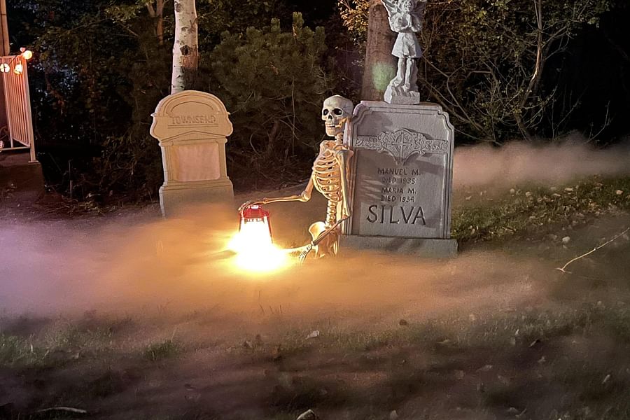 Theatrical graveyard scene with dry ice
