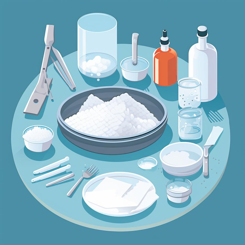 Materials laid out on a table: large bowl, small bowl, cloth strip, dish soap, warm water, gloves, tongs, and dry ice.