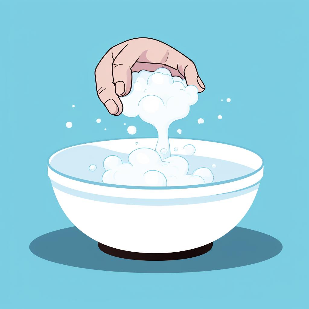 Gloved hand dropping dry ice into soapy water in a bowl