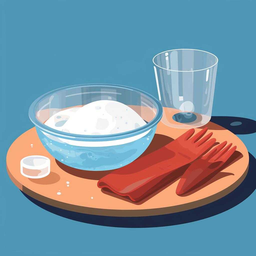 A large bowl, cloth strip, dish soap, water, dry ice, gloves and goggles on a table