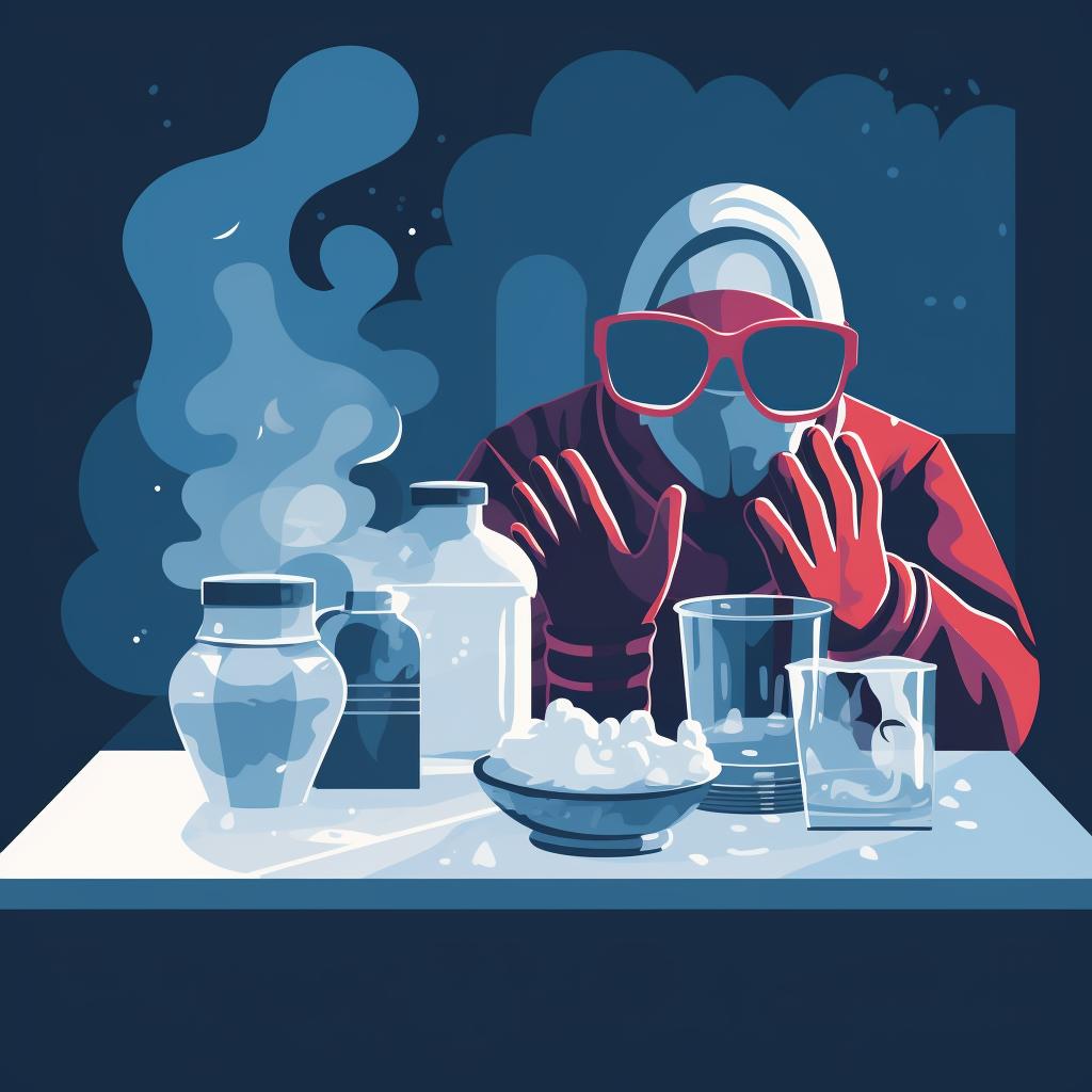 A pair of gloves, goggles, dry ice, a large container, and a kettle of hot water on a table.