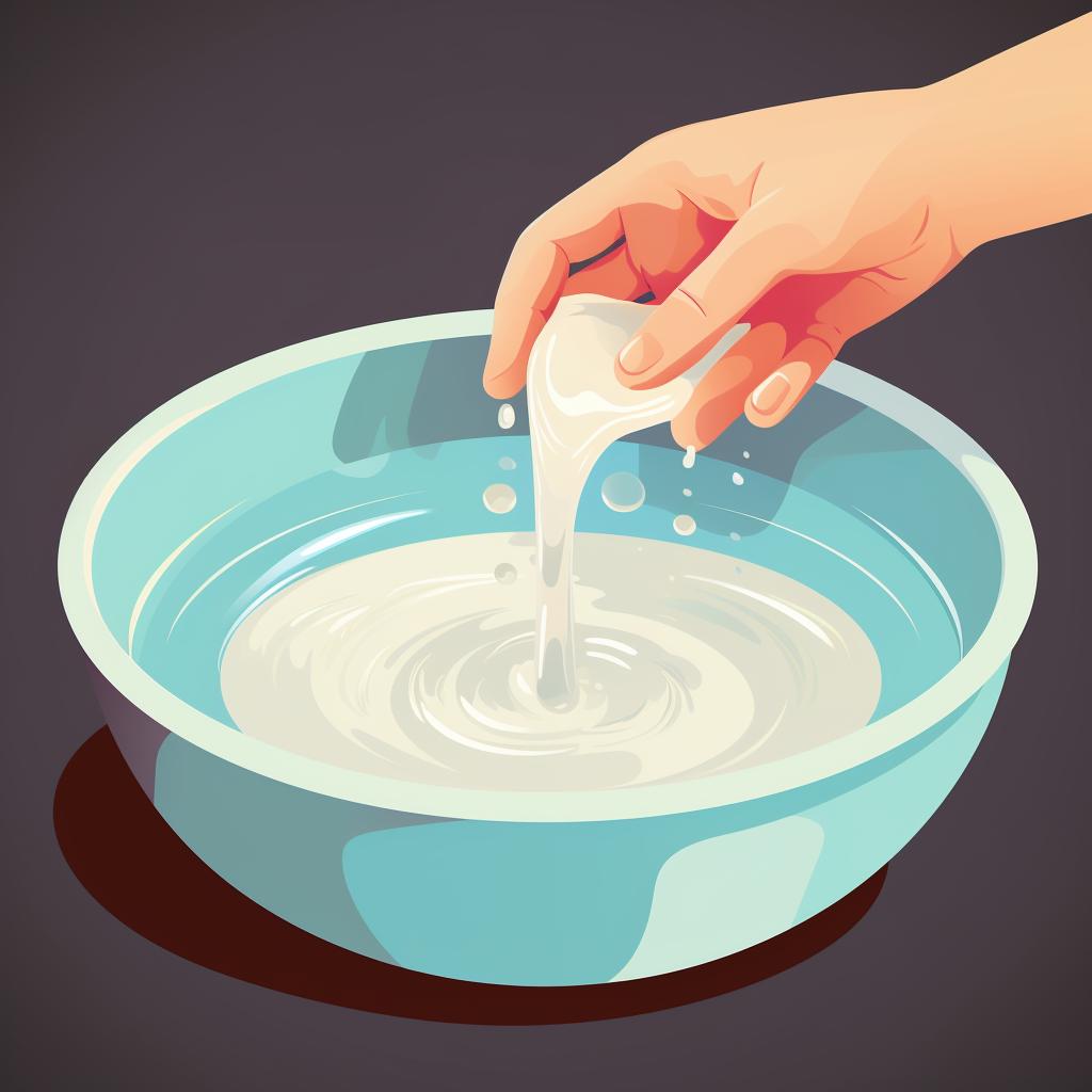Hand stirring water and dish soap in a large bowl